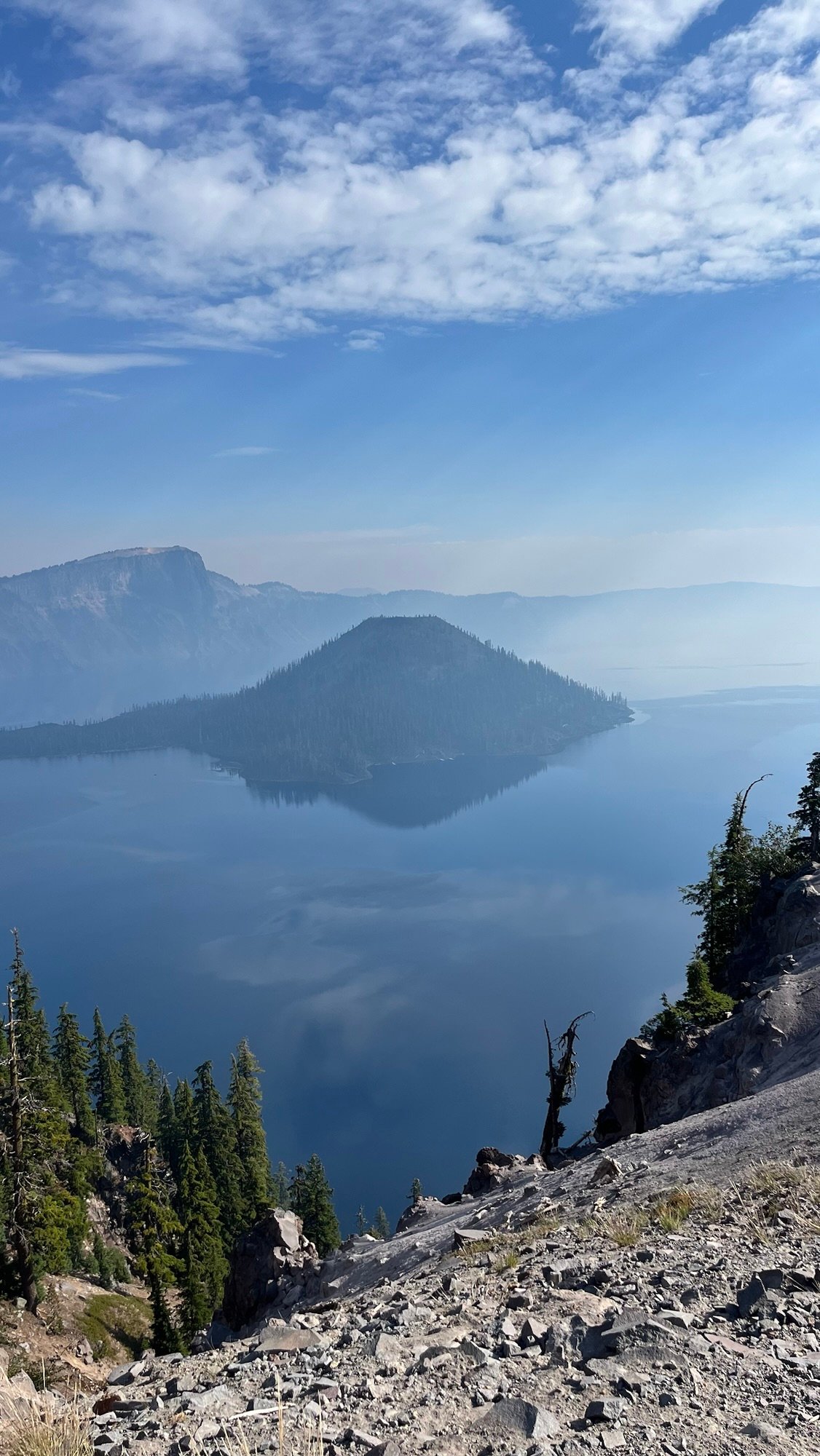 Wizard Island through the haze. Crater Lake National Park.