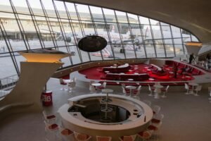 Explore the vintage architecture and design of the TWA Hotel at JFK Airport, New York.