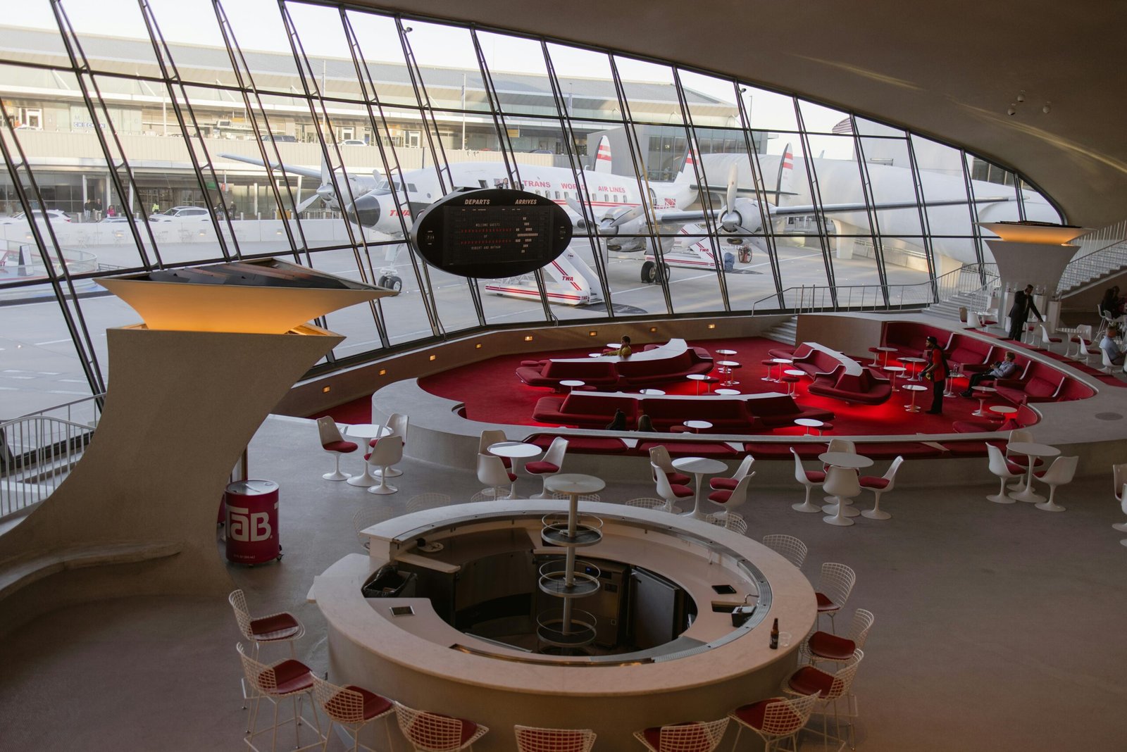 Explore the vintage architecture and design of the TWA Hotel at JFK Airport, New York.